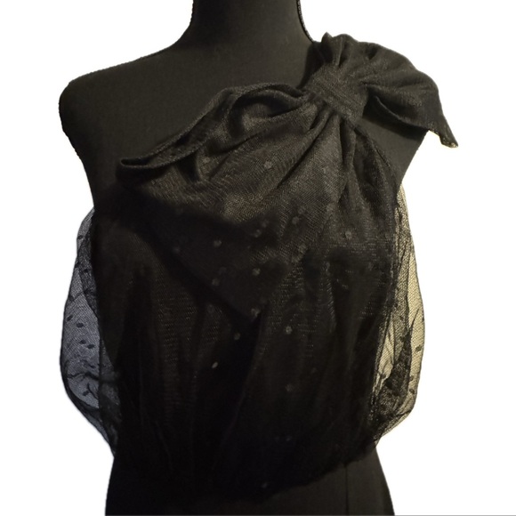 Express Black Mesh Polka Dot One Shoulder Bow Midi Sheath Dress size M - Picture 6 of 14